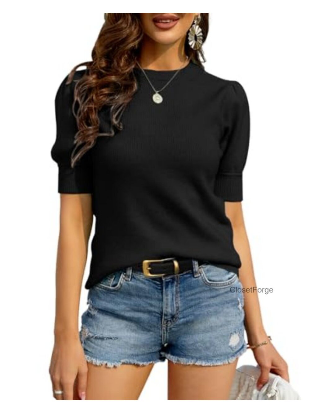 Puff Short Sleeve Knit Sweater Crew Neck Pullover Blouse Casual Summer